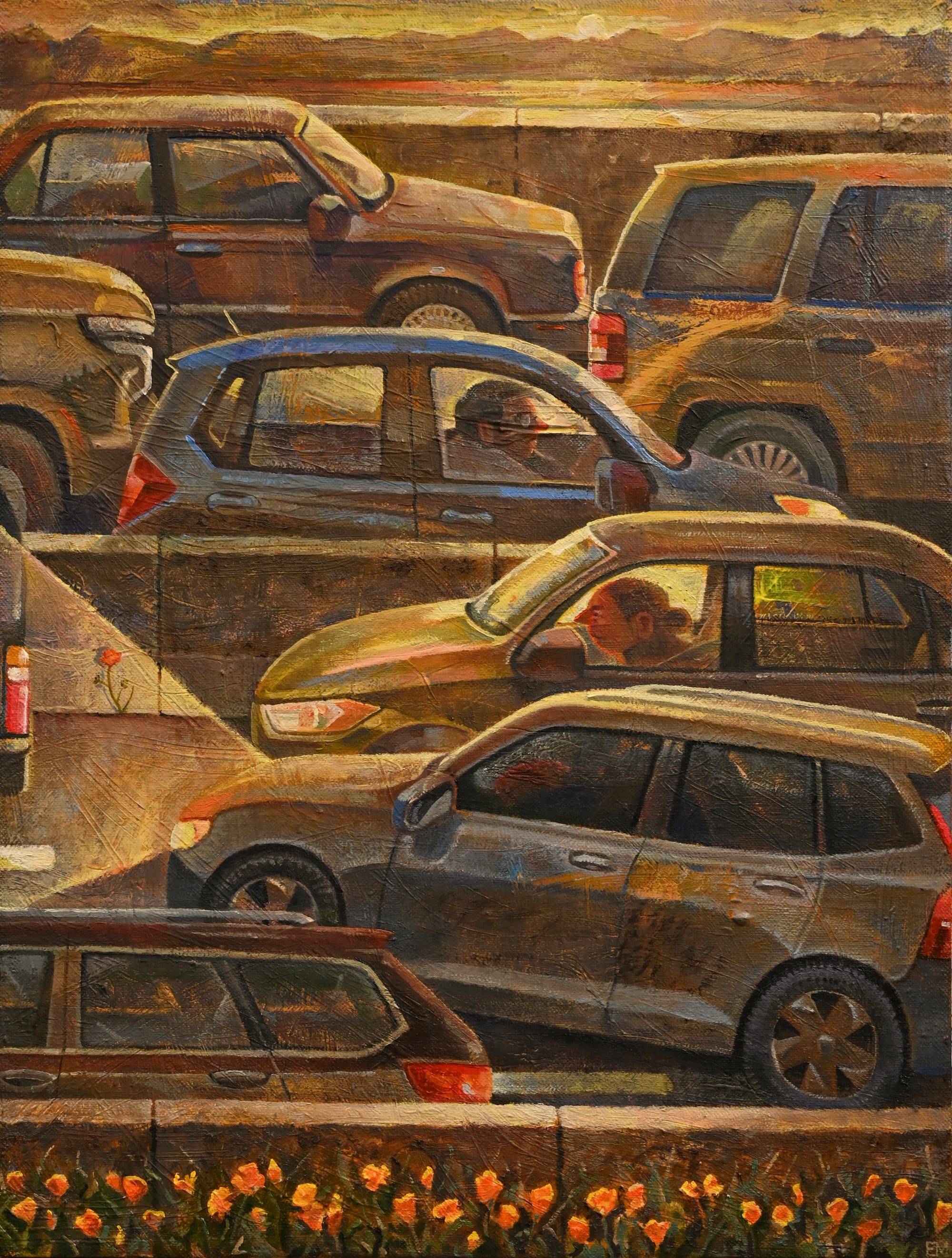 a painting by Erin Milez of traffic during the golden hour