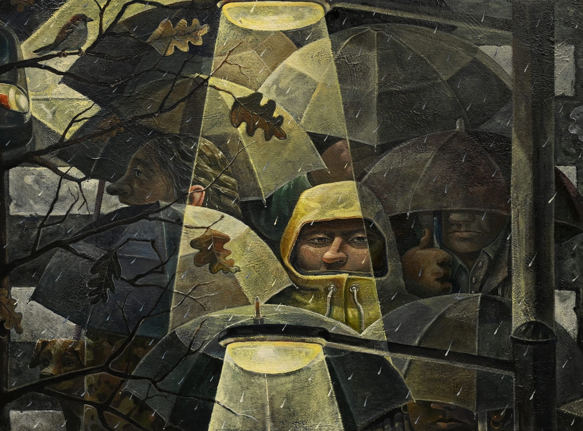 a painting by Erin Milez of light from a street lamp illuminating people in the rain