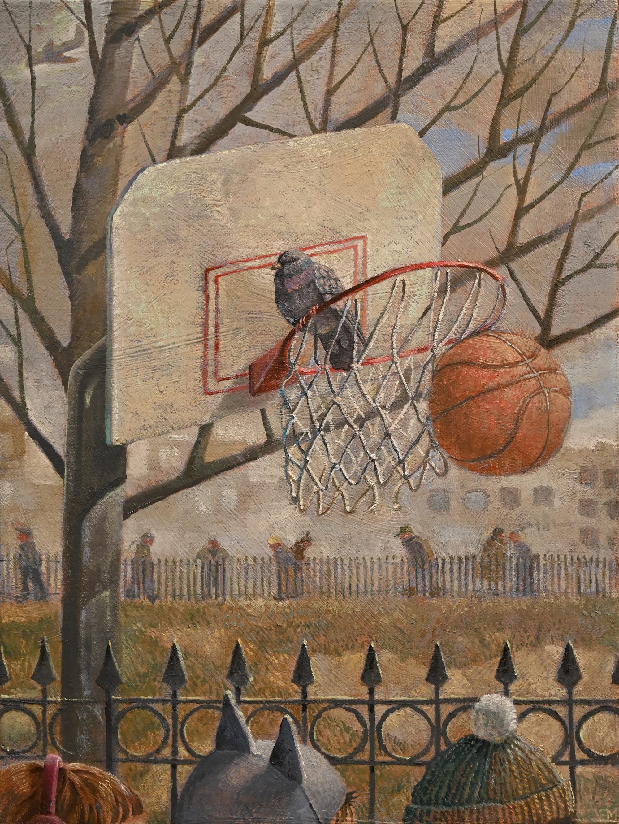 a painting by Erin Milez of a basketball hitting the net, with a pigeon perched on the rim