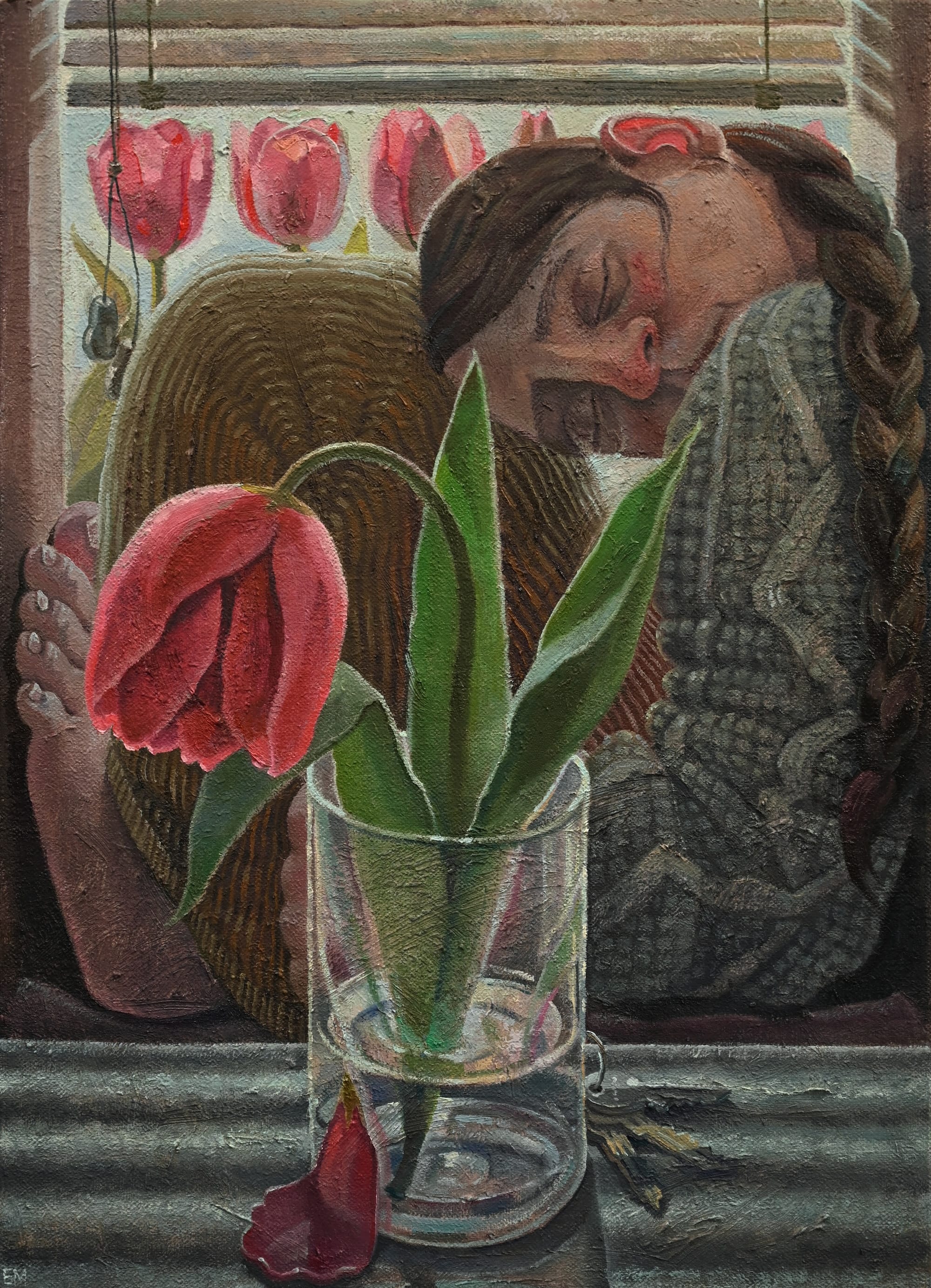 a painting by Erin Milez of a figure crouched behind a tulip in a glass