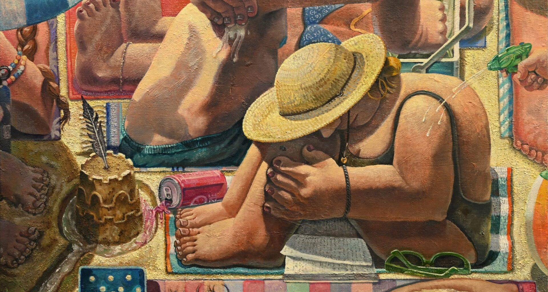 a painting by Erin Milez of people tightly packed into spaces on the beach