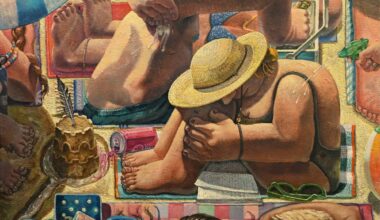 a painting by Erin Milez of people tightly packed into spaces on the beach