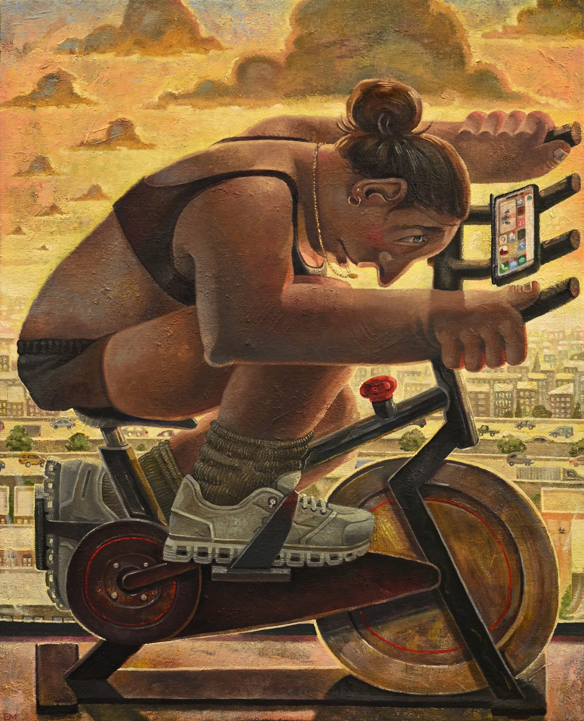 a painting by Erin Milez of a woman on a stationary bike