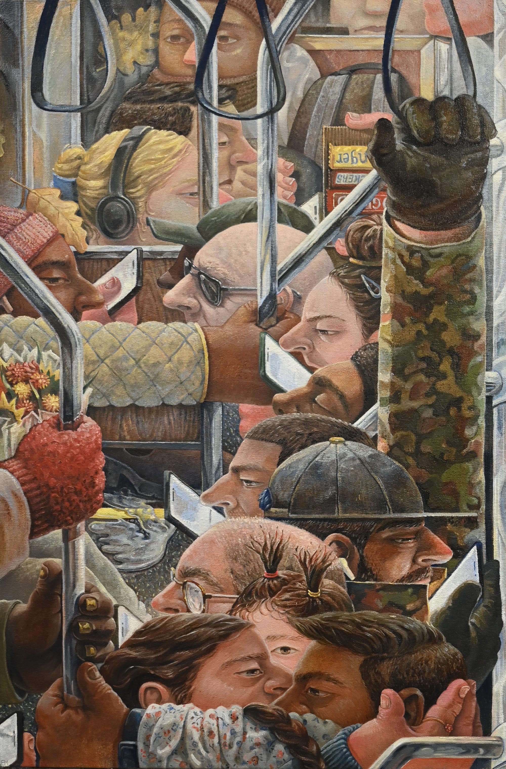 a painting by Erin Milez of a crowded subway