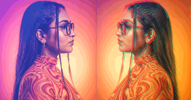 A GIF shows a mirrored image of an AI-generated Ayushi Anand, with the right side having a glitch effect.
