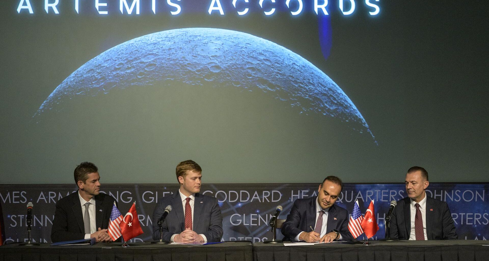 Turkish Minister of Industry and Technology, Mehmet Fatih Kacır, 3rd from left, signs the Artemis Accords for the Republic of Türkiye as NASA Administrator Jared Isaacman, left, U.S. Deputy Assistant Secretary of State for Space and Environment Connor Tomlinson, and Turkish Space Agency President, Yusuf Kıraç, right, look on, Monday, August 31, 2026, at the Mary W. Jackson NASA Headquarters building in Washington. Türkiye is the 71st country to sign the Artemis Accords, which establish a practical set of principles to guide space exploration cooperation among nations participating in NASA’s Artemis program.