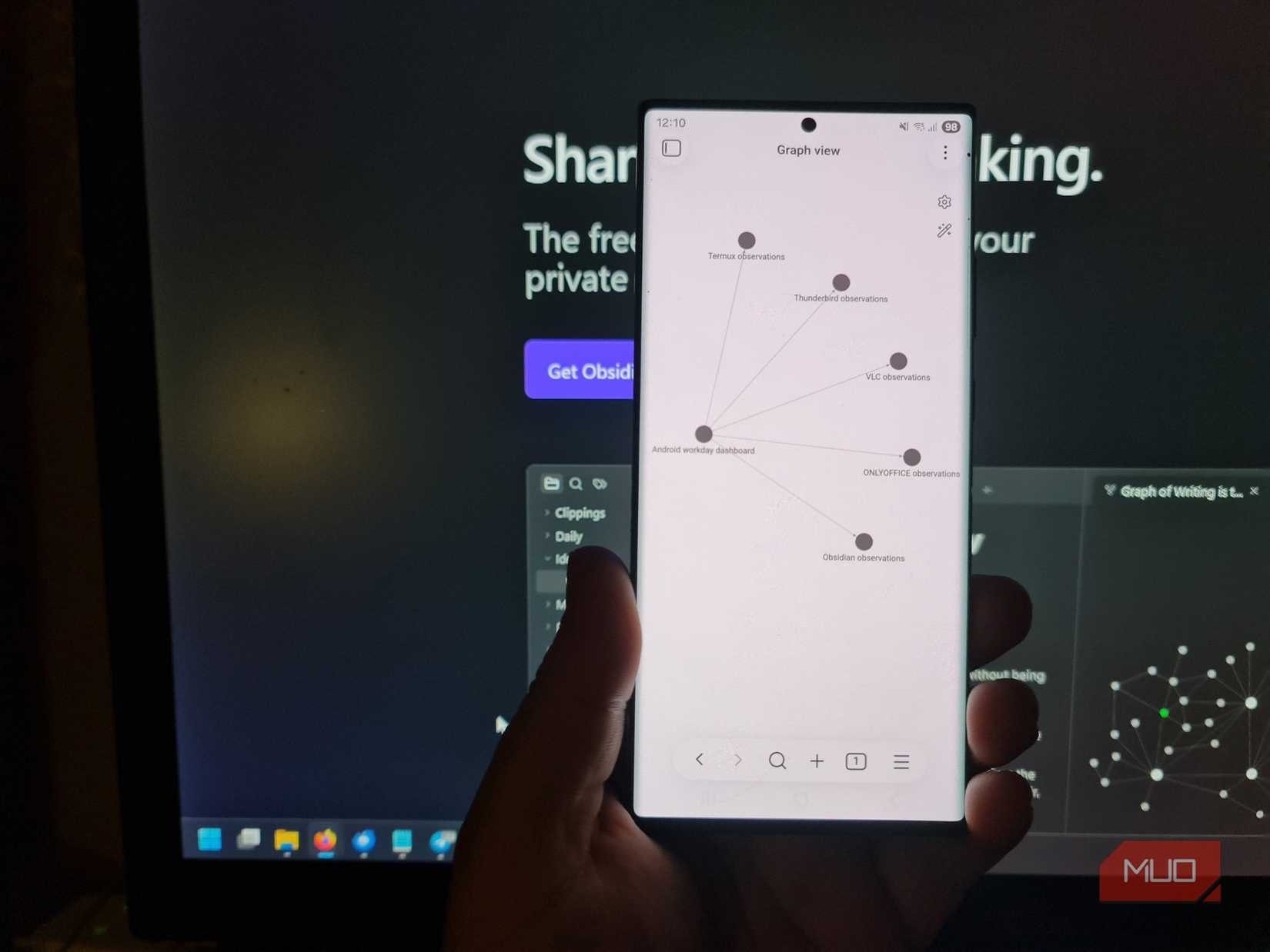 Obsidian on Android displaying a graph linking the project dashboard to notes for the five tested apps.