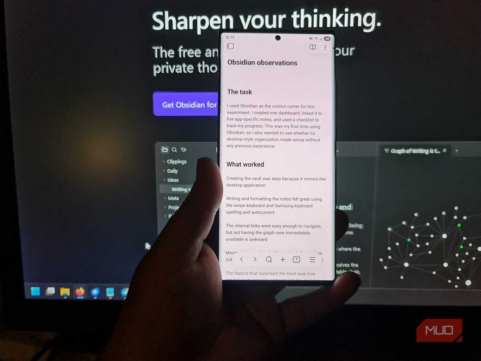Obsidian on Android displaying a project note containing headings, a checklist, and observations from the app test.