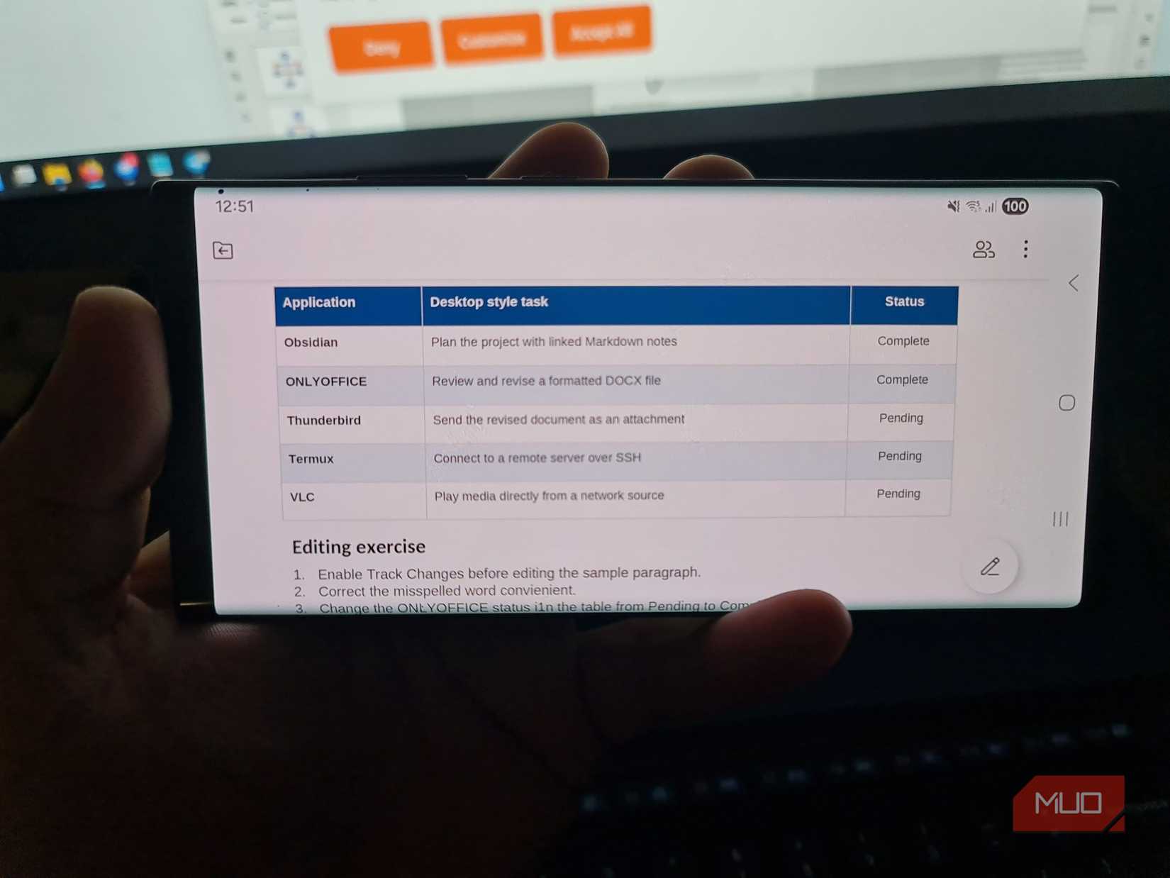 ONLYOFFICE on Android showing editing a table cell inside a formatted DOCX document.