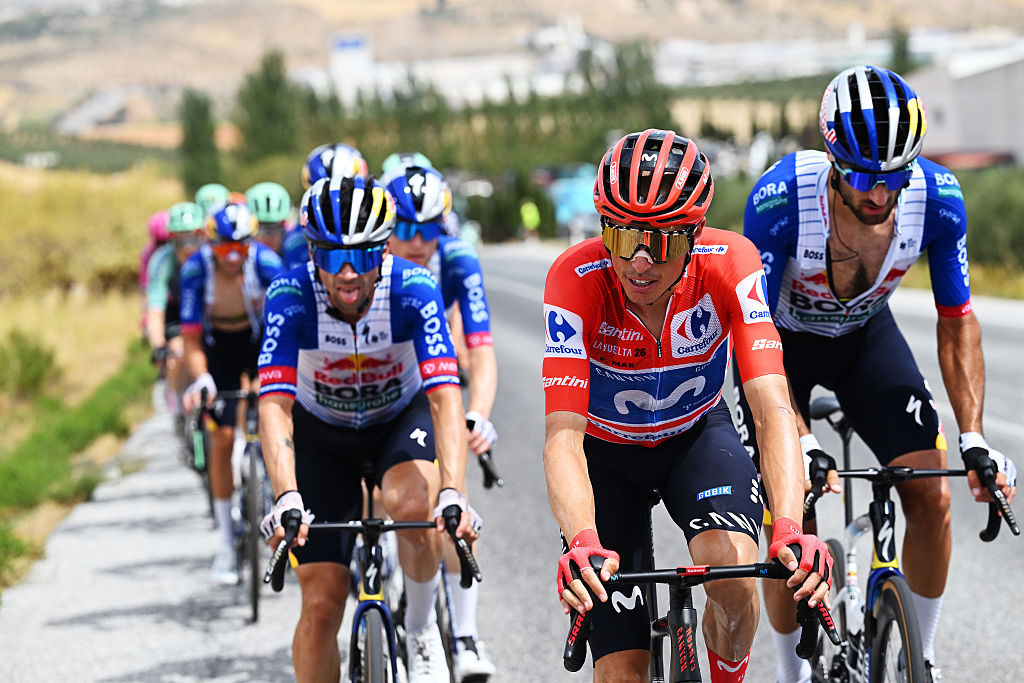 LOJA, SPAIN - SEPTEMBER 04: Enric Mas of Spain and Movistar Team - Red Leader Jersey competes during the La Vuelta - 81st Tour of Spain 2026, Stage 13 a 192.8km stage from Almu&ntilde;ecar to Loja 501m / #UCIWT / on September 04, 2026 in Loja, Spain. (Photo by Tim de Waele/Getty Images)