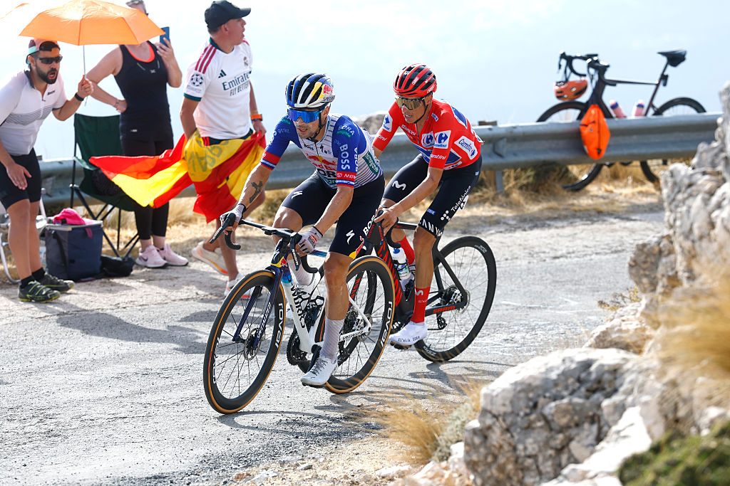 Primoz Roglic (Red Bull - BORA - hansgrohe) leads Enric Mas (Movistar) during the 2026 Vuelta a Espa&ntilde;a. (Photo by Luis Gomez - Pool/Getty Images)