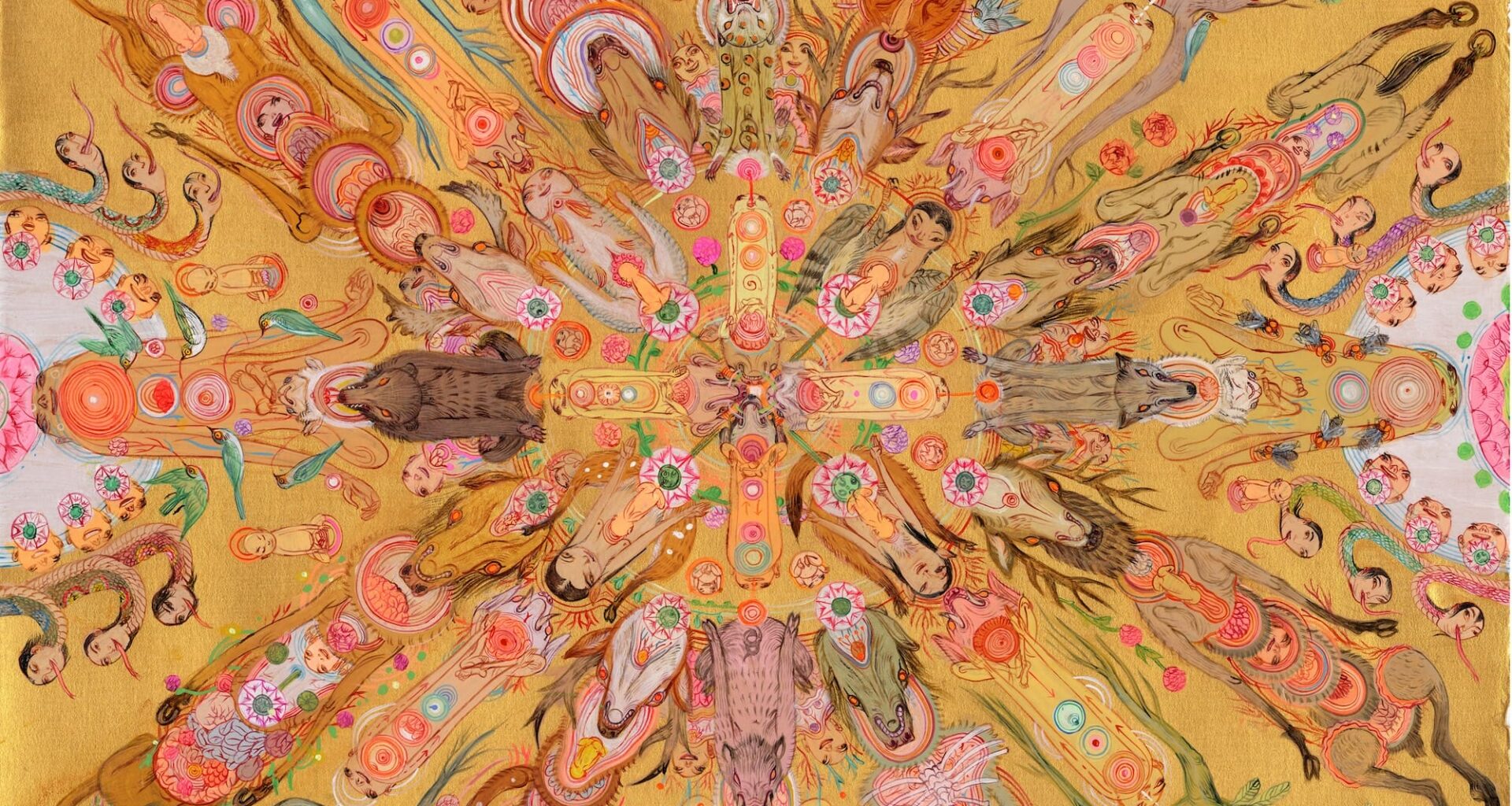 an abstract, mandala-like painting in vibrant colors featuring numerous figures, animals, and shapes