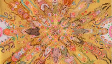 an abstract, mandala-like painting in vibrant colors featuring numerous figures, animals, and shapes