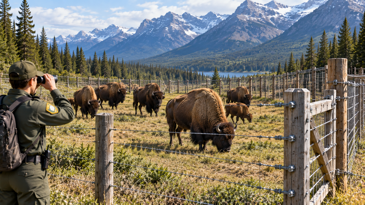 Image AI generated Parks Canada used fences to keep bison from leaving the zone <br>