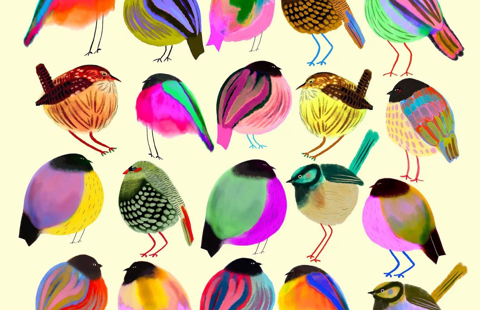 an illustration by ashley percival of a collection of birds made of colorful patterns