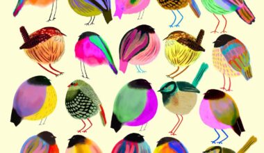 an illustration by ashley percival of a collection of birds made of colorful patterns