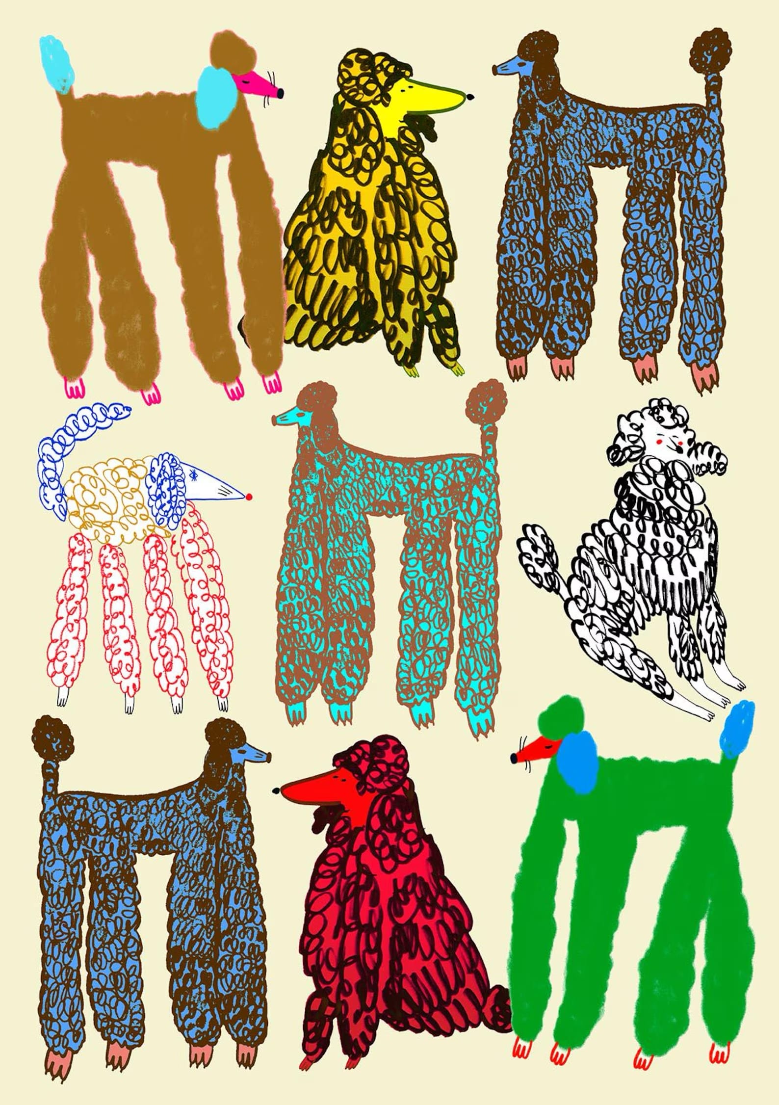an illustration by ashley percival of a collection of poodles made of colorful patterns