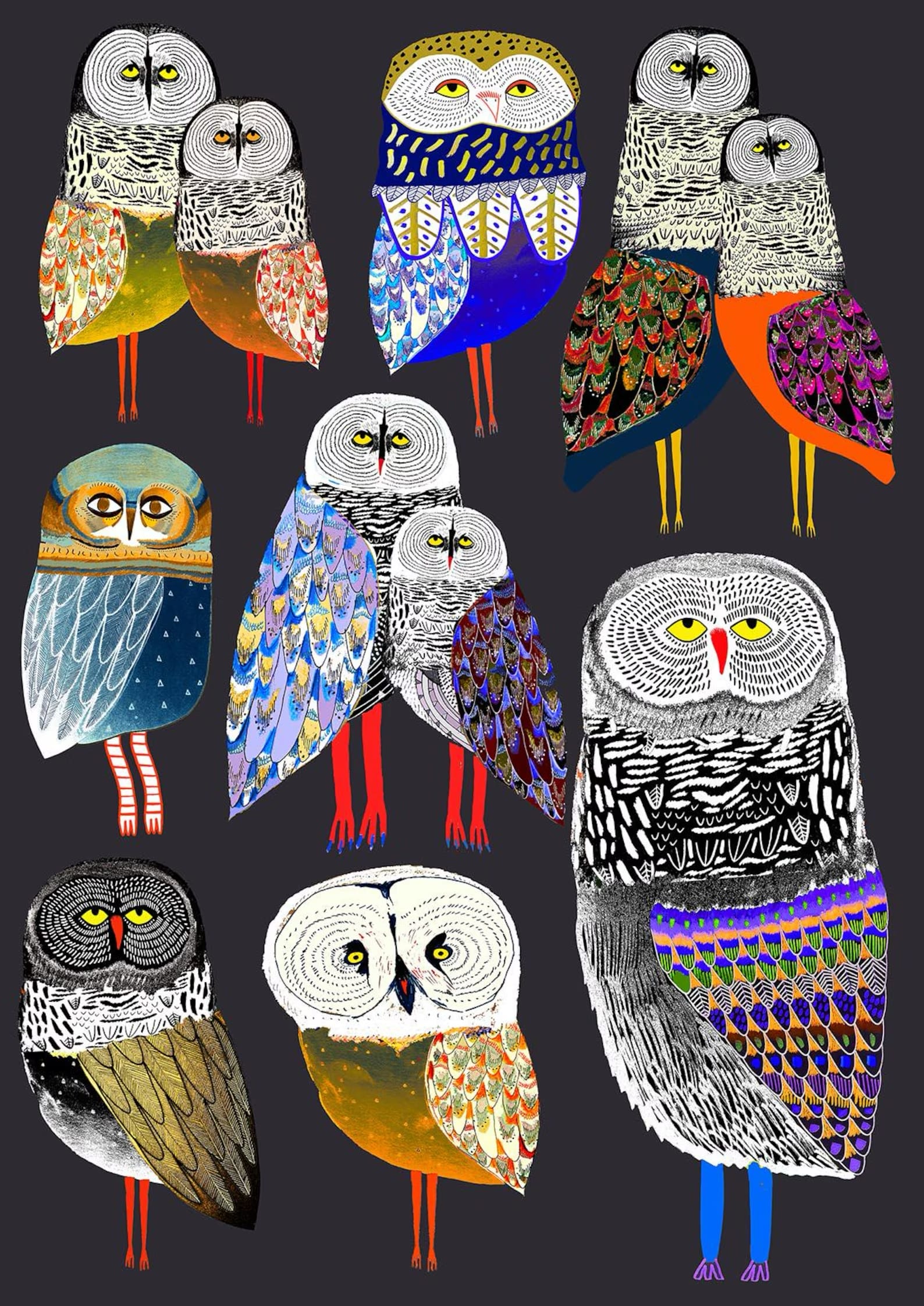 an illustration by ashley percival of a collection of owls made of colorful patterns