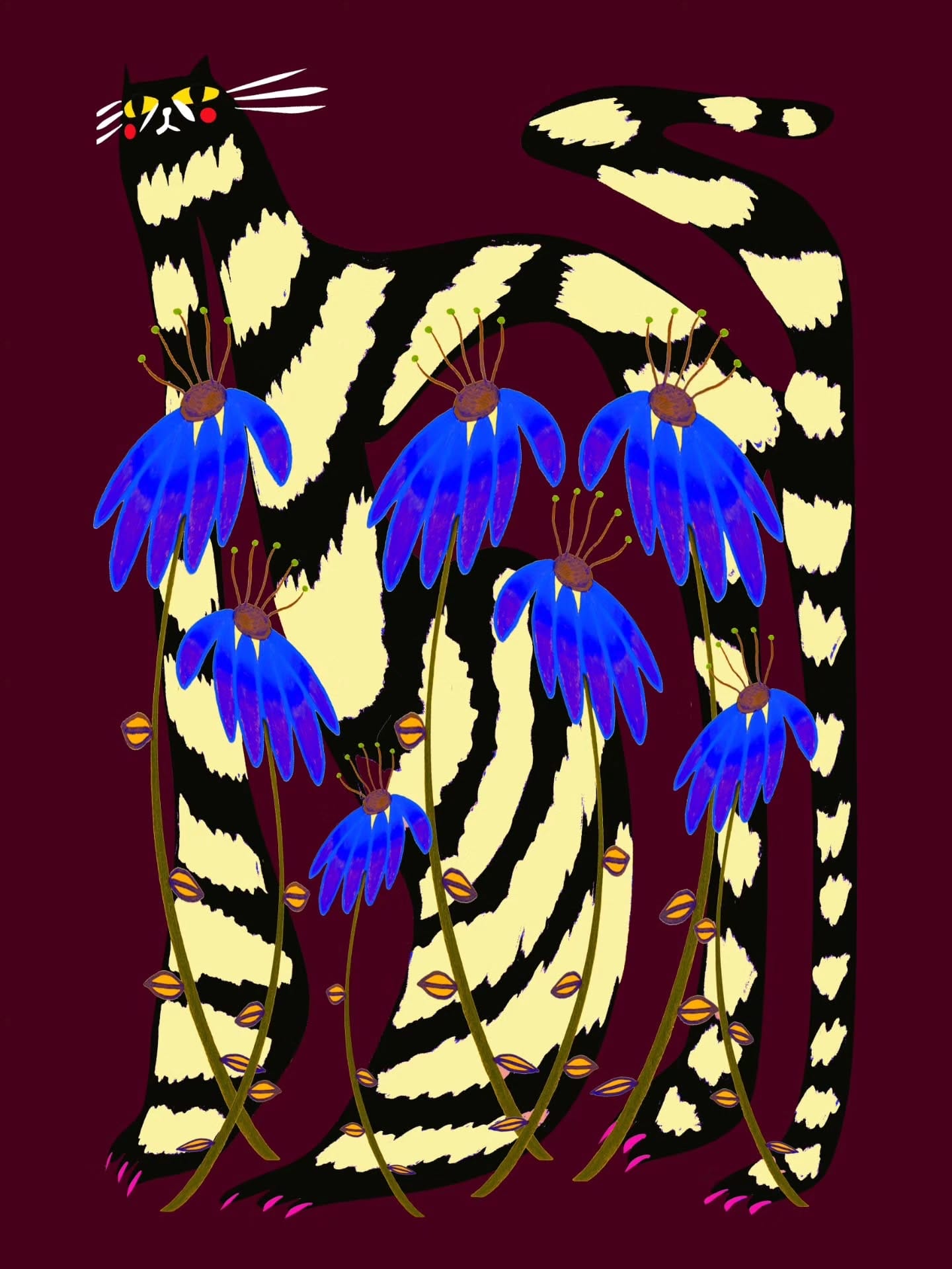 an illustration by ashley percival of a colorful patterned cat in front of blue flowers