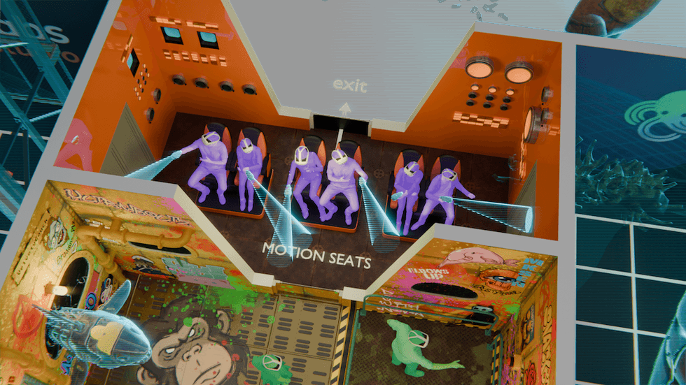 Purple figures in VR suits on motion seats; colorful graffiti room below.