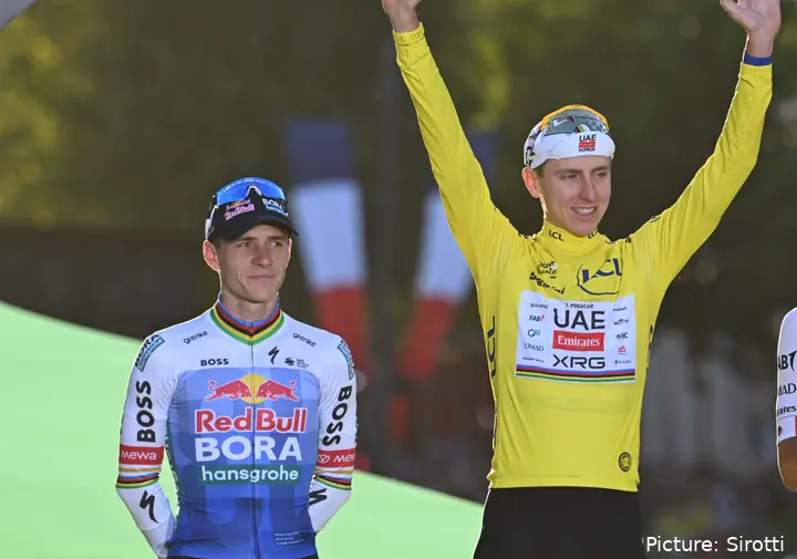 Remco Evenepoel and Tadej Pogacar after the 2026 Tour de France
