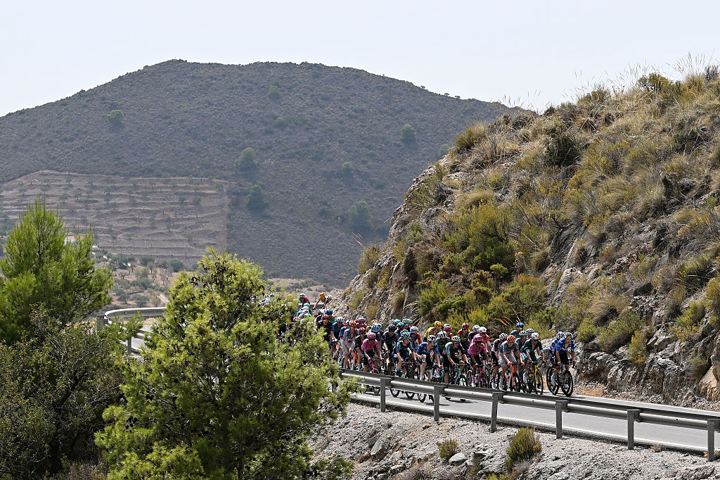 LOJA, SPAIN - SEPTEMBER 04: A general view of the peloton competing during the La Vuelta - 81st Tour of Spain 2026, Stage 13 a 192.8km stage from Almu&ntilde;ecar to Loja 501m / #UCIWT / on September 04, 2026 in Loja, Spain. (Photo by Tim de Waele/Getty Images)