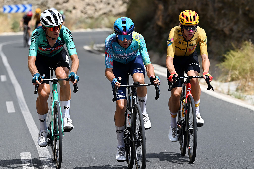 LOJA, SPAIN - SEPTEMBER 04: (L-R) Inigo Elosegui of Spain and Team Equipo Kern Pharma, Cristian Rodriguez of Spain and Team XDS Astana and Andreas Kron of Denmark and Team Uno-X Mobility attack in the breakaway during the La Vuelta - 81st Tour of Spain 2026, Stage 13 a 192.8km stage from Almu&ntilde;ecar to Loja 501m / #UCIWT / on September 04, 2026 in Loja, Spain. (Photo by Tim de Waele/Getty Images)