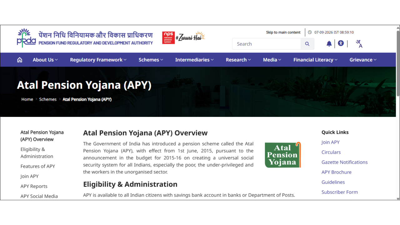 Screengrab of the official Government of India page for Atal Pension Yojana (APY). Screengrab of the official Government of India page for Atal Pension Yojana (APY).<br>