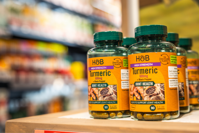 Close up image of supplements in Holland & Barrett store