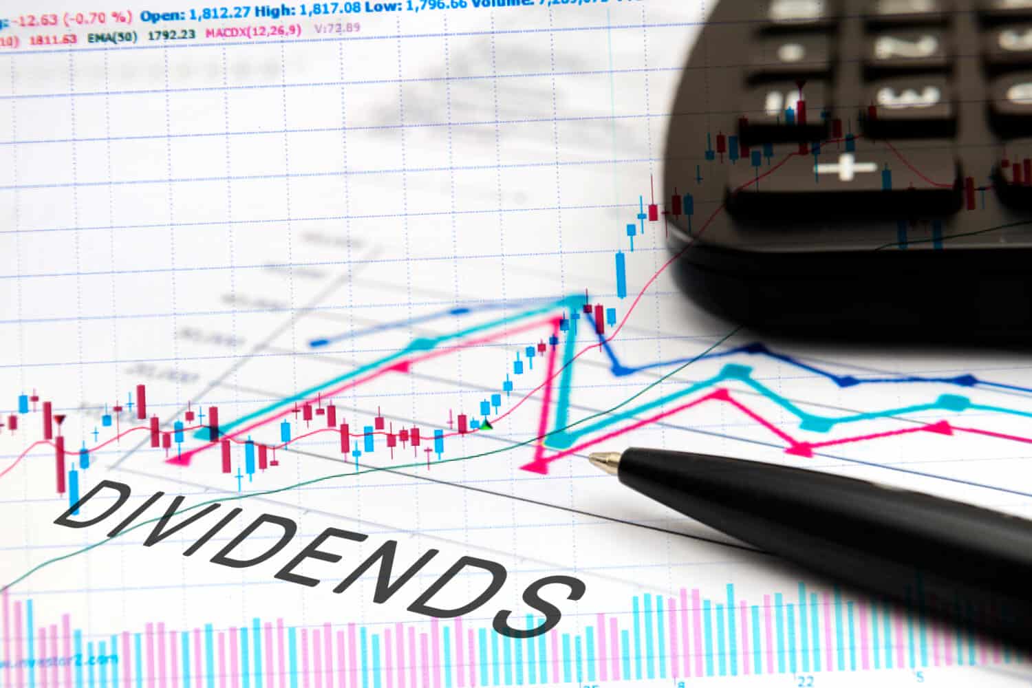 Close-up of a financial chart on paper, showing blue and red candlestick patterns, and blue, pink, and teal trend lines on a white grid background. The word 'DIVIDENDS' is prominently written in large black letters across the lower-middle of the chart. A black pen rests on the paper, pointing towards the word, and the top right corner shows part of a black calculator with several buttons visible.