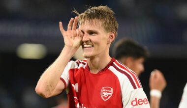 Martin Odegaard celebrates scoring against Napoli