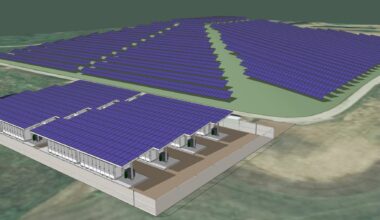 Solar panel canopies and battery units installed on a former landfill