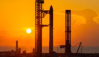 Sunrise at Starbase. Starship is stacked for opportunistic full-stack testing ahead of Flight 14 via SpaceX