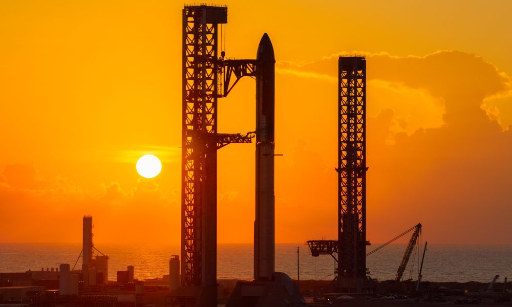 Sunrise at Starbase. Starship is stacked for opportunistic full-stack testing ahead of Flight 14 via SpaceX