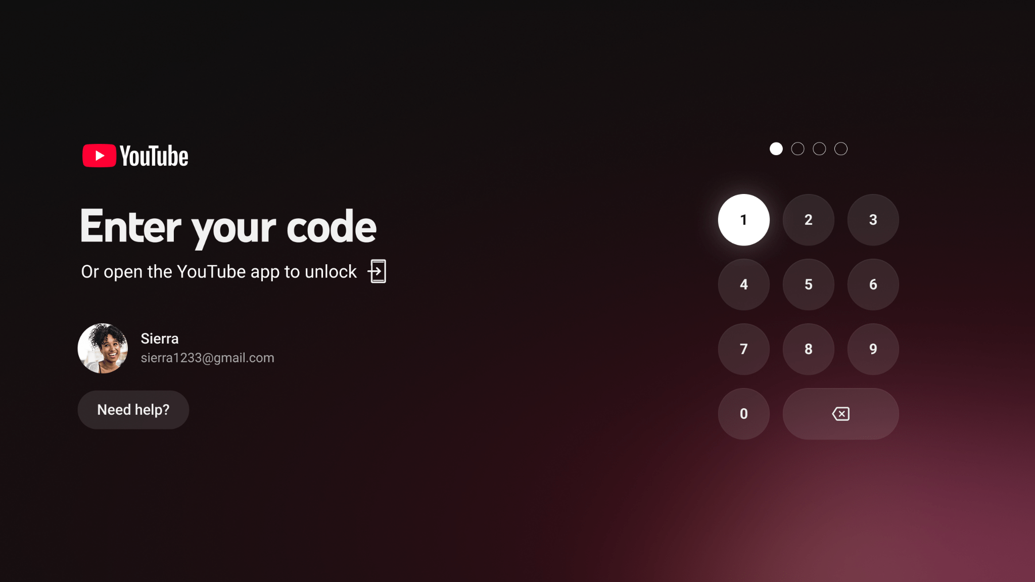 A screenshot of the TV app showing a PIN entry screen.