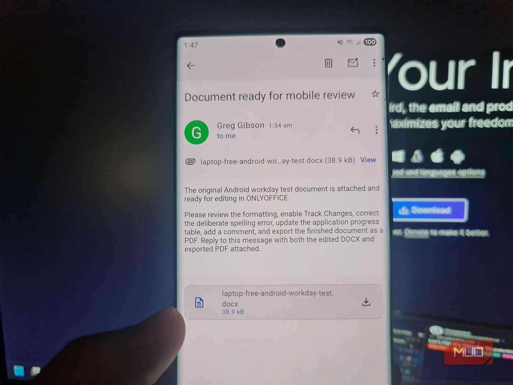 Thunderbird for Android displaying a project email with a DOCX document attached for mobile editing.