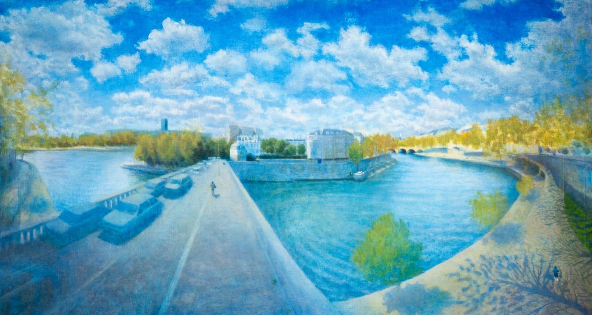 a painting by clio sze to of a wide landscape with a road, walkway, and water