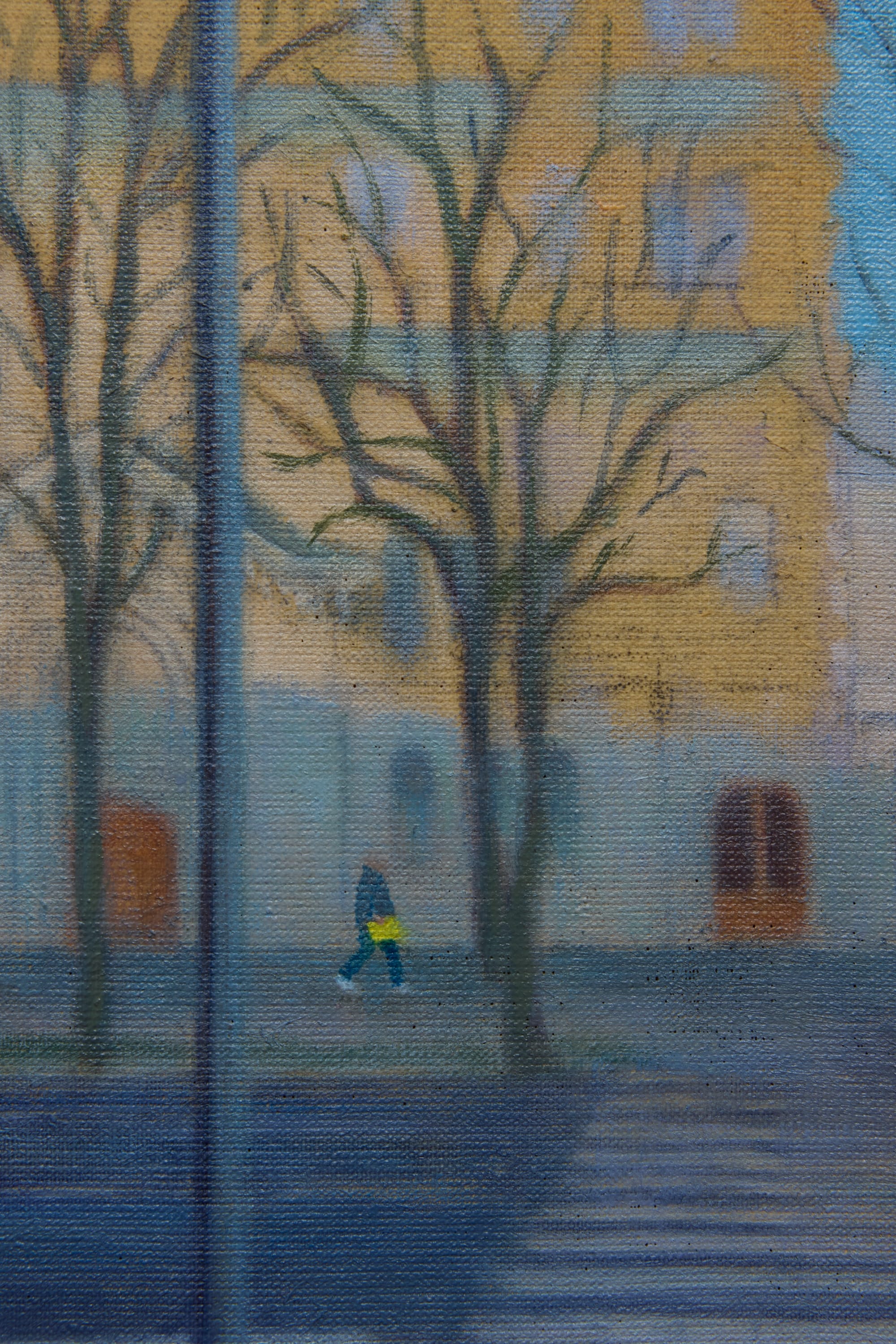 a detail of a painting by clio sze to of a person walking on a winter street