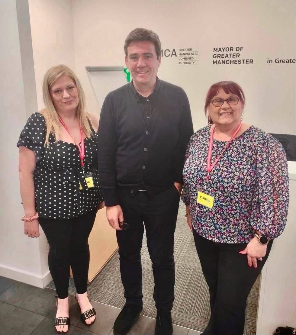 \u200bJanet Williams and Emma Murphy with Andy Burnham