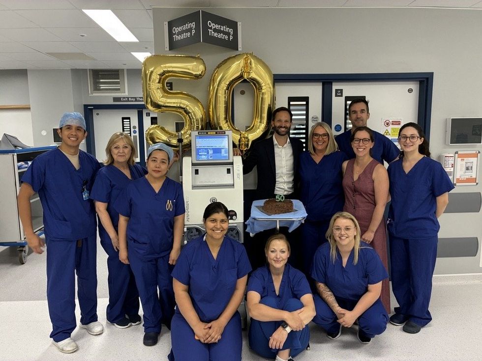 \u200bMr Constable-Phelps with the HIPEC team at University Hospital Southampton, celebrating 50th procedure at the trust