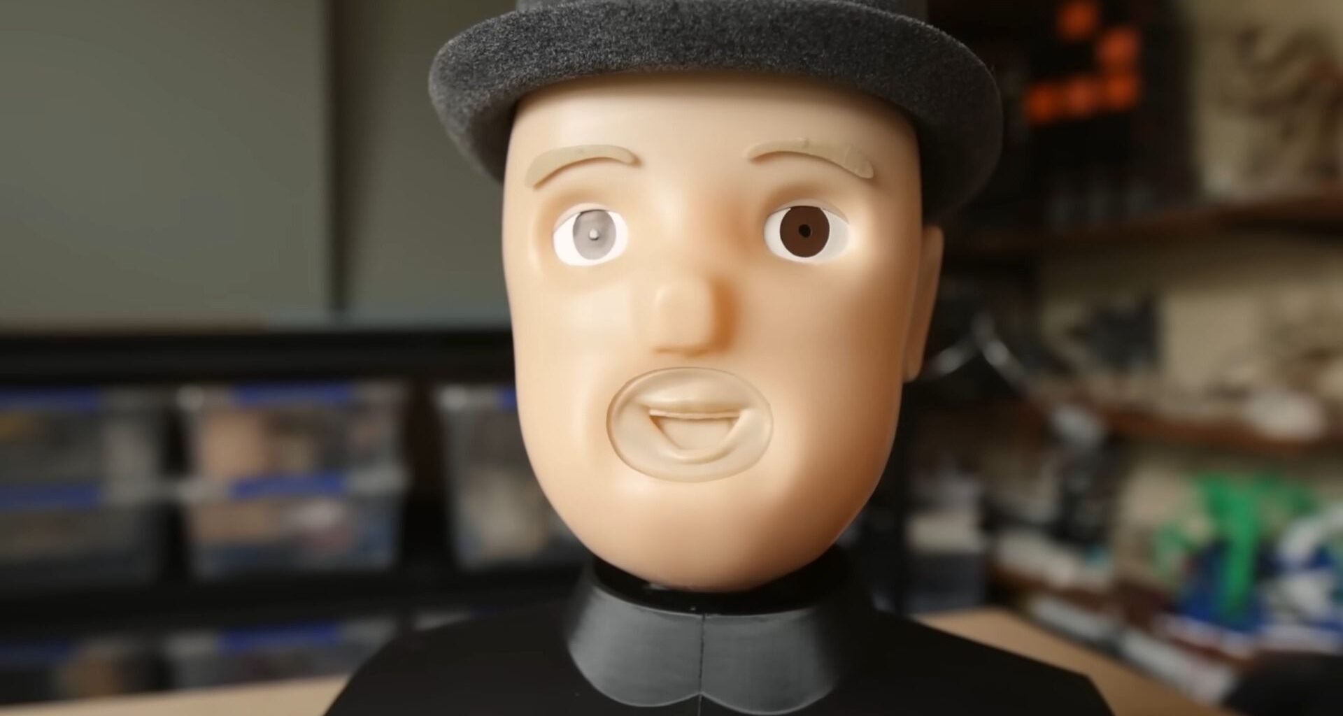 A screenshot of a lip-syncing robot from a YouTube video