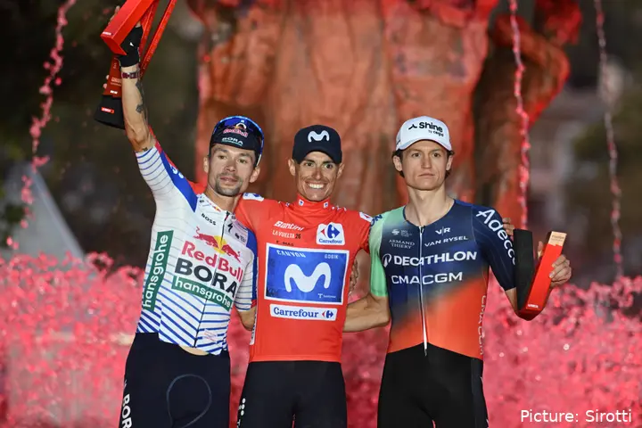 Vuelta a Espana 2026 final podium: Enric Mas, Felix Gall, Primoz Roglic