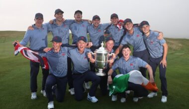 Great Britain & Ireland show off the Walker Cup trophy after their stunning victory at Lahinch.