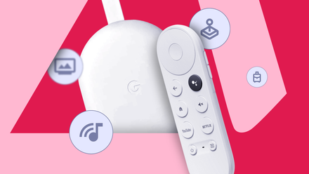 White Google Chromecast device and remote surrounded by floating icons for gaming, travel, photos, and music on a pink background.