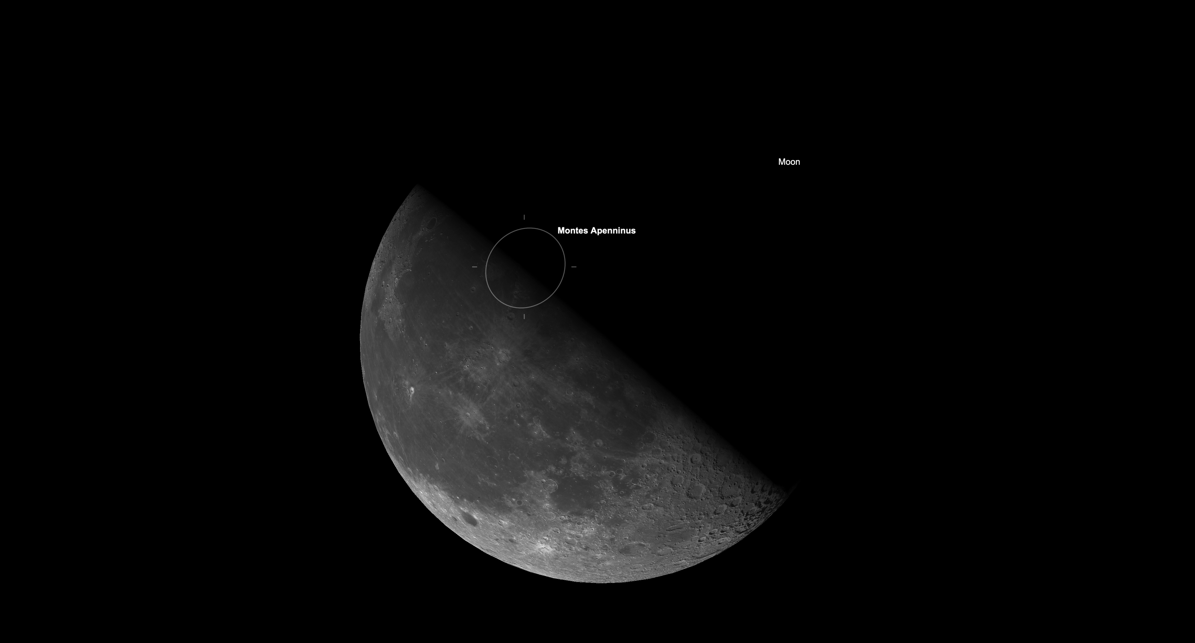 Close-up view of the last-quarter moon highlighting the Montes Apenninus mountain range near the lunar terminator.