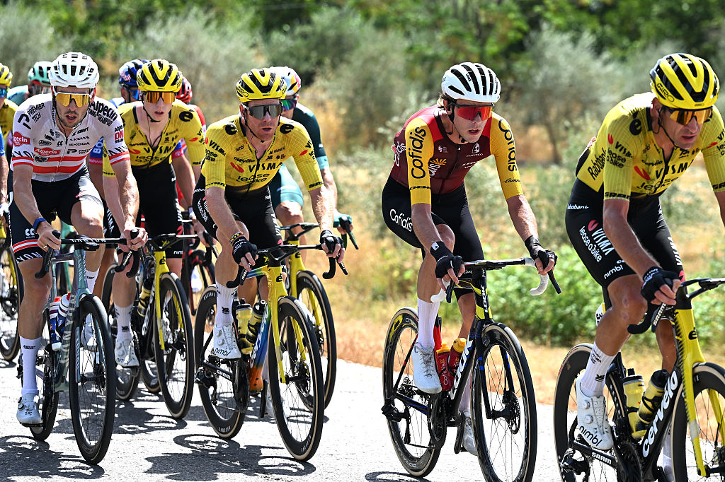 CORDOBA, SPAIN - SEPTEMBER 06: (L-R) Steven Kruijswijk of Netherlands and Team Visma | Lease a Bike and Louis Rouland of France and Team Cofidis compete during the La Vuelta - 81st Tour of Spain 2026, Stage 15 a 110.2km stage from Palma del Rio to Cordoba / #UCIWT / Stage shortened due to extreme temperature weather alert / on September 06, 2026 in Cordoba, Spain. (Photo by Tim de Waele/Getty Images)