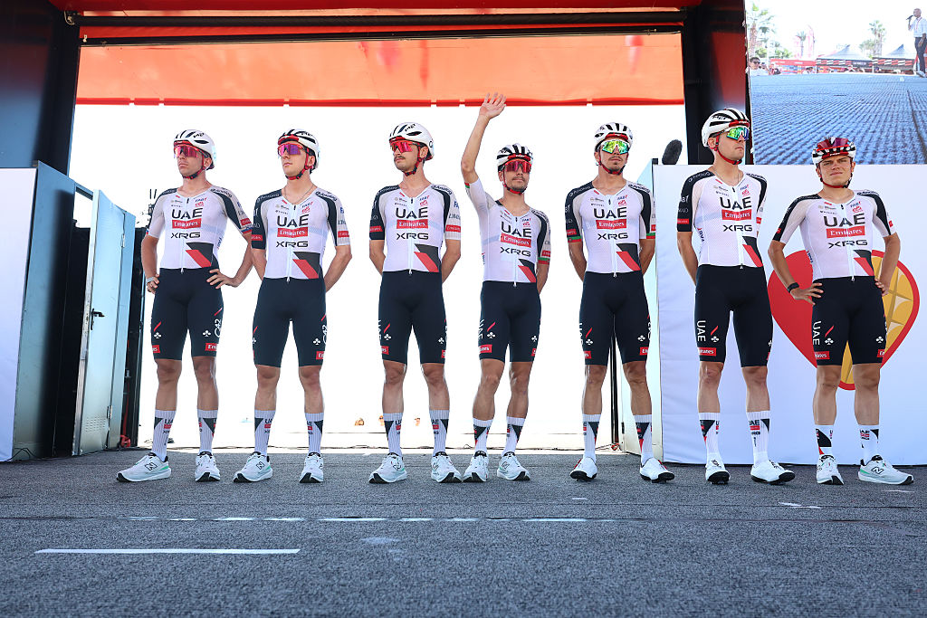 UAE Team Emirates XRG prior to stage 9 of the 2026 Vuelta a Espa&ntilde;a in Villajoyosa, Spain. (Photo by Alexander Hassenstein/Getty Images)
