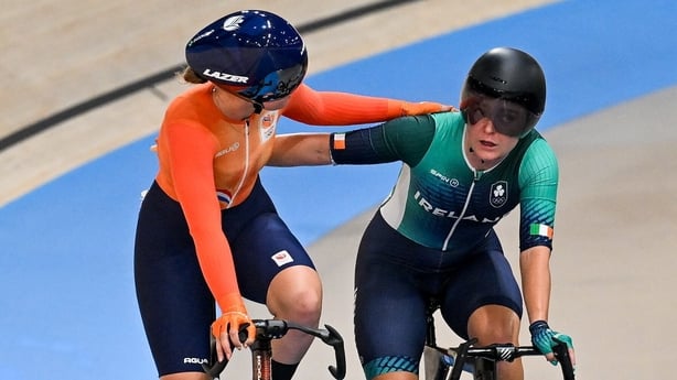 Lara Gillespie of Team Ireland, right, and Maike van der Duin of Team Netherlands after the women's omnium points race at the Saint-Quentin-en-Yvelines National Velodrome during the 2024 Paris Summer Olympic Games in Paris, France.