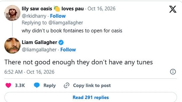 Screenshot of Liam Gallagher replying to a fan on X