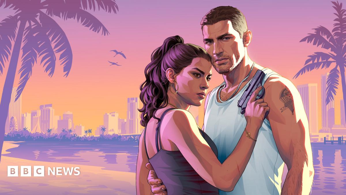 A promotional image from the game GTA 6 featuring the two main characters, Jason and Lucia. He is wearing a white vest and has a crewcut and a tattoo on his left bycep. She is facing him with a gun in her right hand.